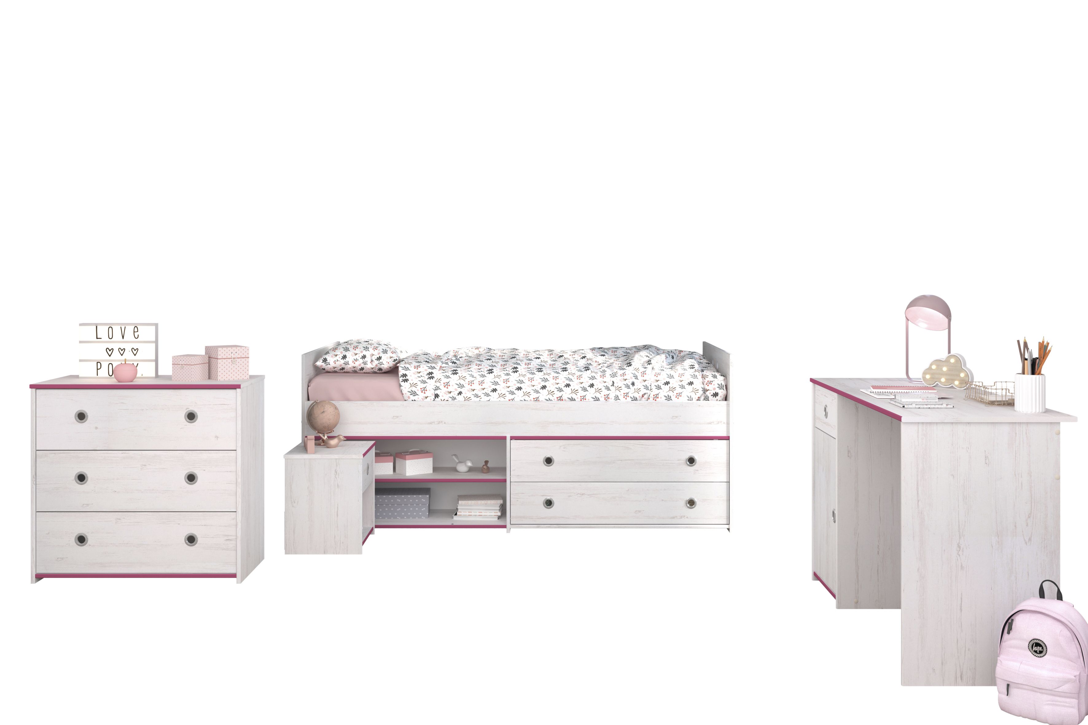 Kinderzimmer 4-teilig Modern Kiefer | | 514799-1 SMOOZY weiß-Pink - Komplettset 37b 